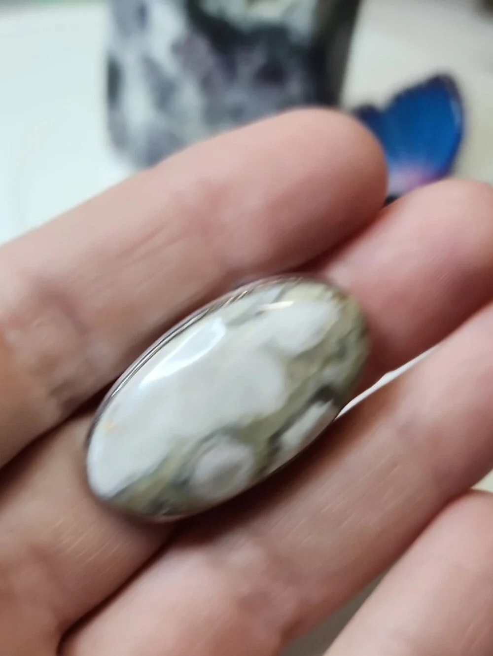 White and Green Ocean Jasper Oval Ring